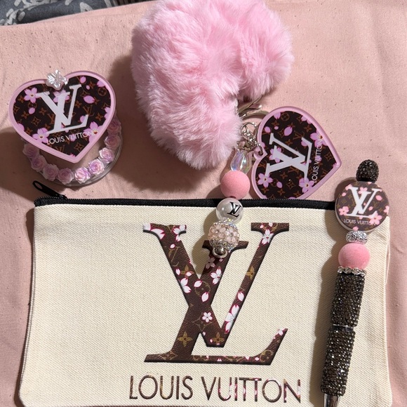 Hand Crafted Accessories - Brown and Pink 4 piece set includes keychain, pen, mag-safe pop socket & pouch.